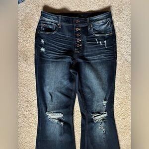 Dark Wash Distressed High-Rise Flare Jeans